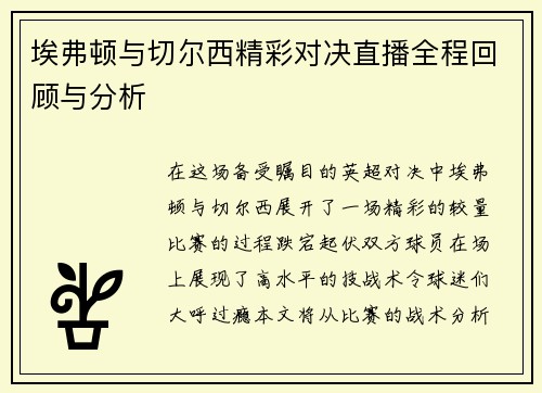 埃弗顿与切尔西精彩对决直播全程回顾与分析