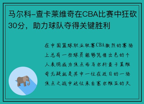 马尔科-查卡莱维奇在CBA比赛中狂砍30分，助力球队夺得关键胜利